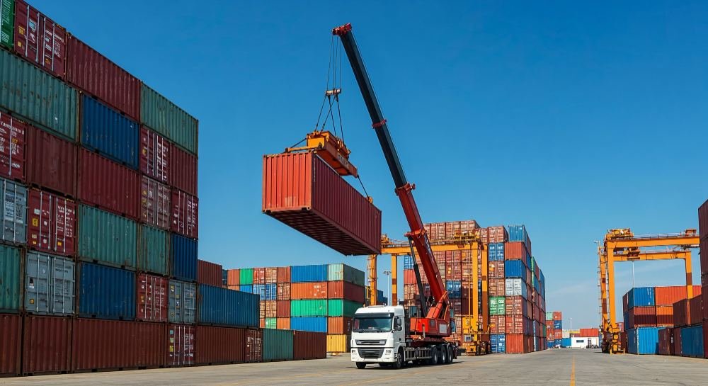 Logiverse crane loading a container for transport